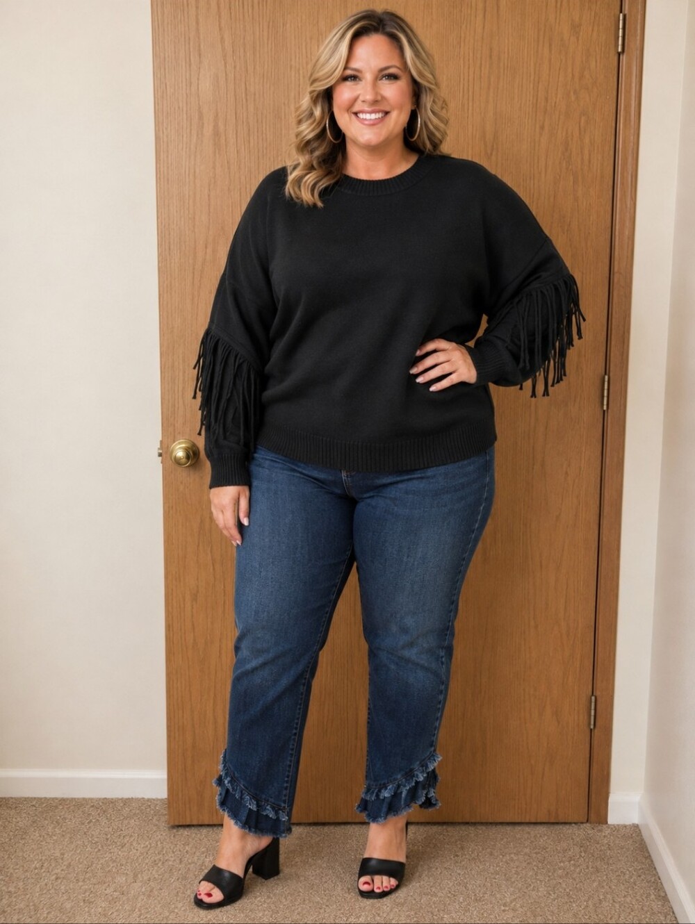 Fringe Sleeve Crewneck Sweater - Black